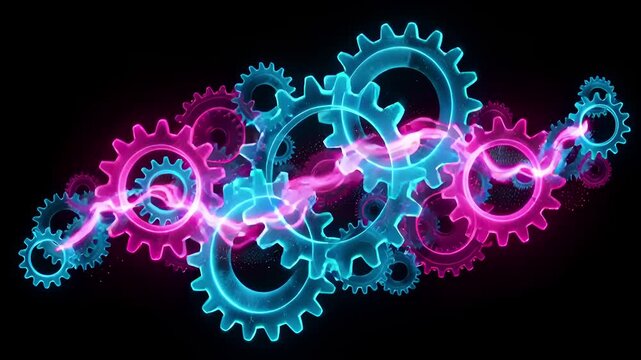 Colorful neon gears with electric sparks on black