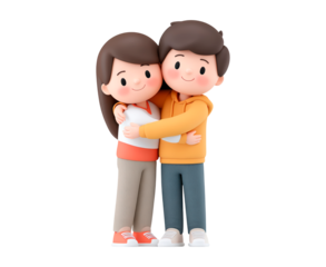 Cute cartoon couple embracing with smiles in colorful outfits on transparent background, PNG