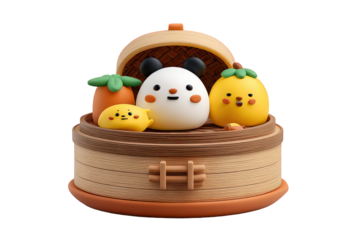 Cute Cartoon Panda And Fruits In Steamed Buns Basket