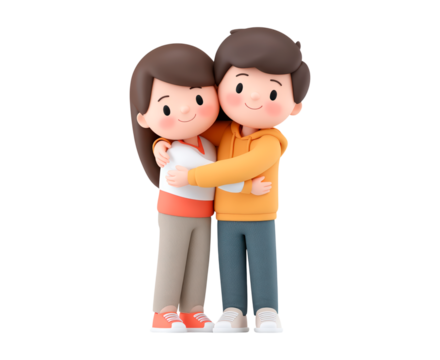 Cute cartoon couple embracing with smiles in colorful outfits on transparent background, PNG