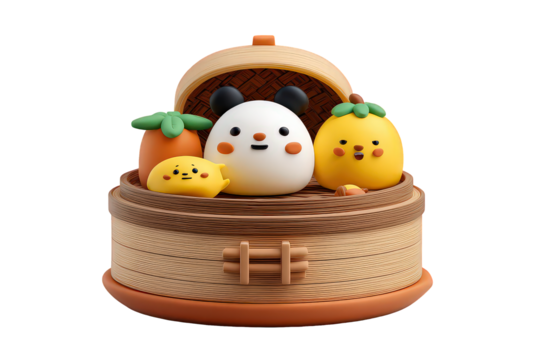 Cute Cartoon Panda And Fruits In Steamed Buns Basket - Powered by Adobe