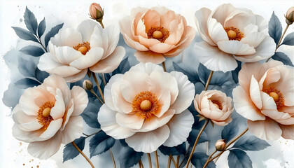 Delicate pastel-hued flowers in full bloom are depicted against a soft, muted background. The flowers have large, layered petals in shades of cream and peach, contrasted by deep green-blue leaves.
