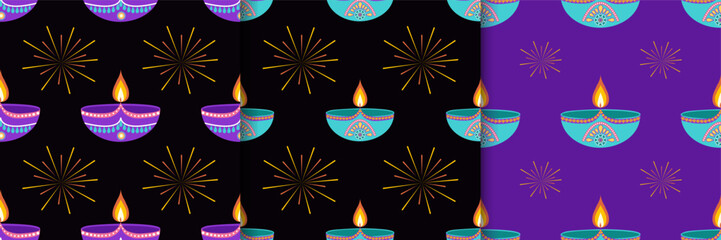 Set of Festive Diwali seamless pattern with diyas in flat style. Deepavali vector illustration for digital and print use