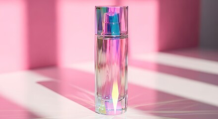 Iridescent perfume bottle casting geometric shadows on a pink ba