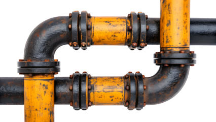 Interconnected yellow and black pipes isolated on white isolated on transparent background