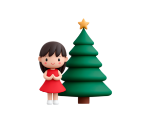 Young asian girl with christmas tree in red dress, smiling cartoon style on transparent background, PNG