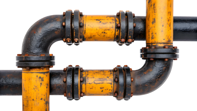 Interconnected yellow and black pipes isolated on white isolated on transparent background