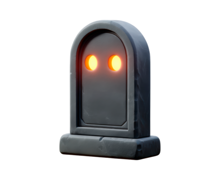 Cartoon ghostly tombstone with glowing eyes in dark setting on transparent background, PNG