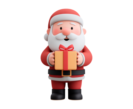 Cute cartoon Santa Claus holding gift present in festive attire on transparent background, PNG