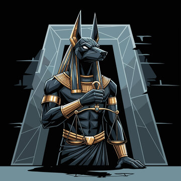 Anubis, the jackal-headed Egyptian god of the afterlife, stands holding the Scales of Justice in front of a stone archway.