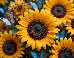 Vibrant sunflowers bloom with delicate blue butterflies fluttering among them on a sunny day.