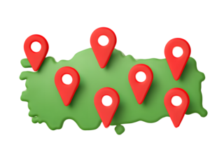 Red map markers pinpoint locations on a green turkey map isolated on transparent background