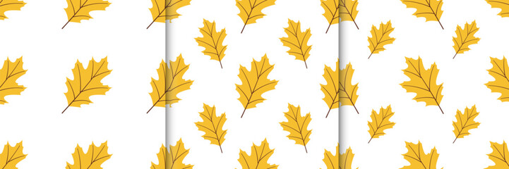 Set of autumn seamless patterns with yellow leaves in flat style. Fall vector illustration for banners and social media, prints