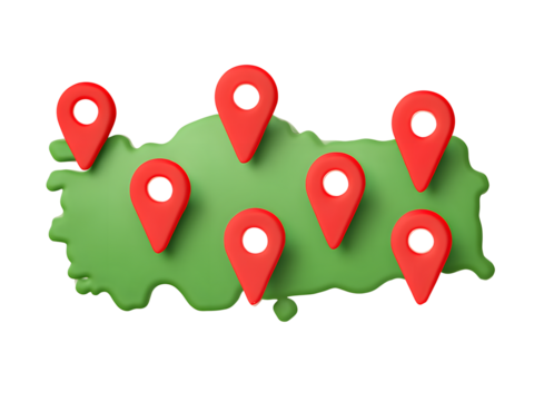 Red map markers pinpoint locations on a green turkey map isolated on transparent background