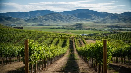 Fototapeta premium vineyard. Serene vineyard landscape with orderly grapevine rows under natural sunlight, evoking tranquility and growth. travel magazines.