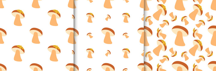 Set of fall seamless patterns with mushrooms in flat style. Autumn vector illustration for banners and greeting cards, prints