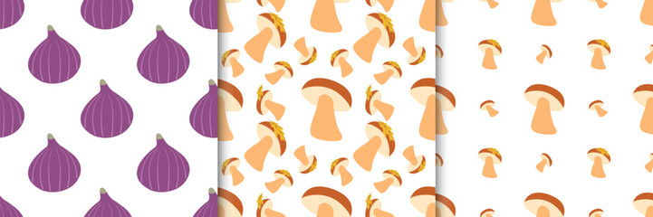 Set of autumn seamless patterns with figs and mushrooms in flat style. Fall vector illustration for banners and social media, prints