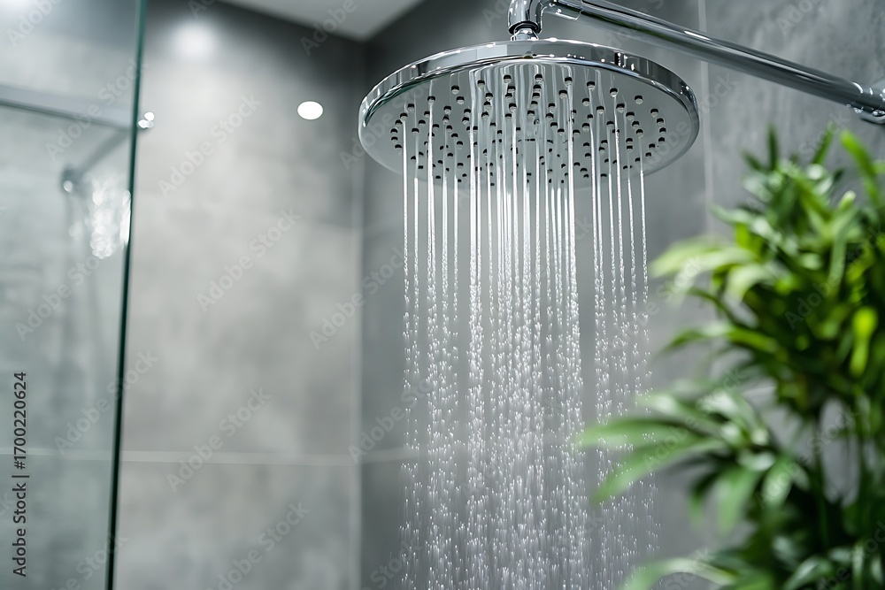 Poster an open-concept shower with glass walls and a large rain showerhead, creating a seamless look with t