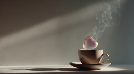cozy coffee cup with holographic heart floating gracefully above its steaming surface