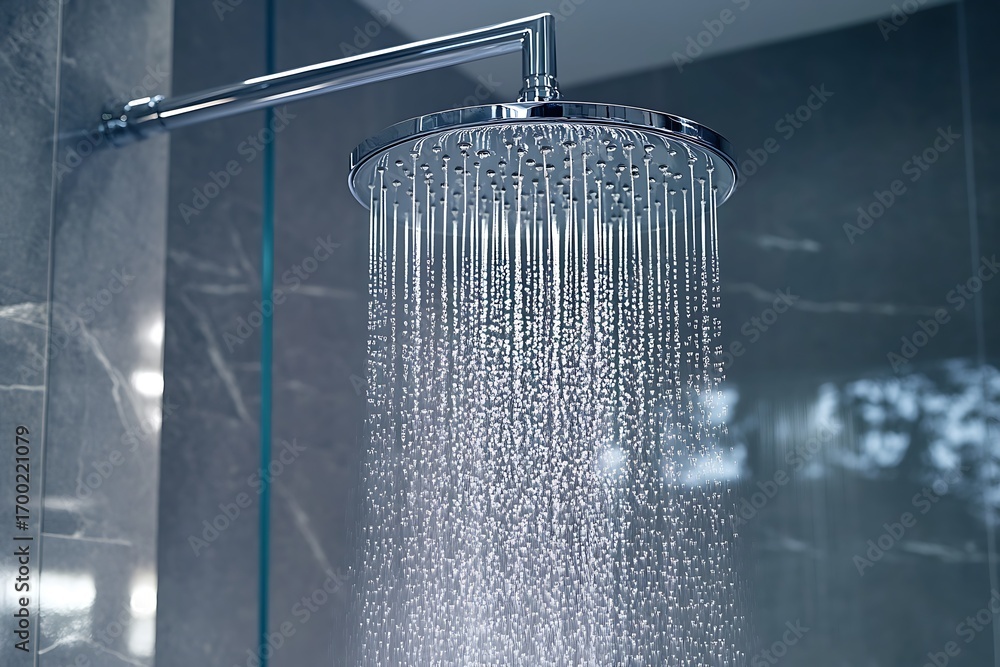 Poster an open-concept shower with glass walls and a large rain showerhead, creating a seamless look with t