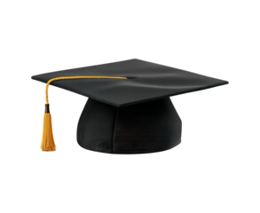 Black graduation cap with yellow tassel on transparent background, PNG