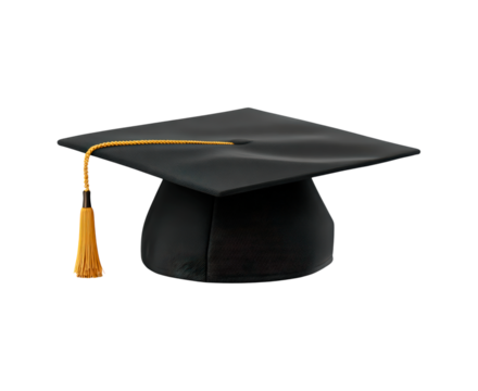 Black graduation cap with yellow tassel on transparent background, PNG
