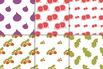 Collection of autumn seamless patterns with green leaves, figs, acorns in flat style. Fall vector illustration for banners and social media, prints