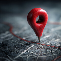 A close up of a red location pin stuck into a map with a red line indicating a route