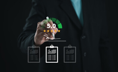 Manager giving five star rating on digital interface with performance review checklist. Concept of customer satisfaction, feedback, evaluation, business quality, and online reputation management.