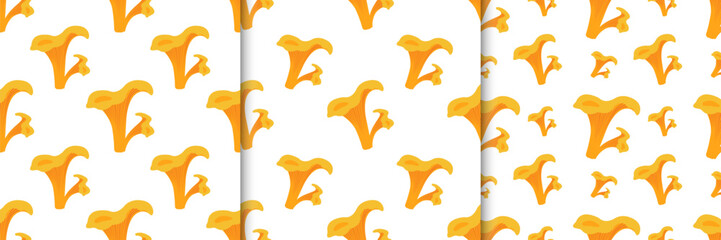 Collection of autumn nature seamless pattern with yellow mushrooms in flat style. Fall harvest vector illustration for digital use, prints, banners