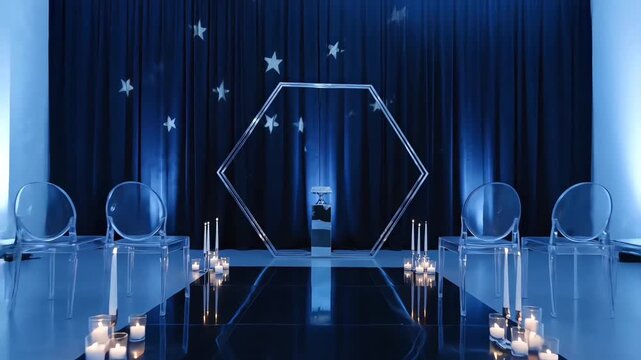 Sophisticated wedding ceremony decor featuring a modern hexagonal arch, glowing candles on a reflective aisle, and a celestial blue starry backdrop
