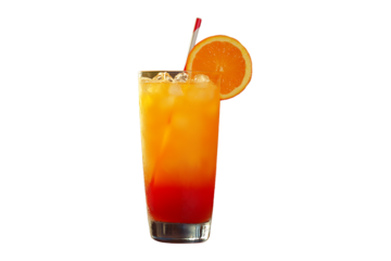 Cocktail glass with orange juice and ice served with citrus fruit slice on transparent background