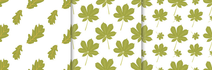 Collection of autumn seamless patterns with green leaves in flat style. Fall harvest vector illustration for banners and social media posts, prints