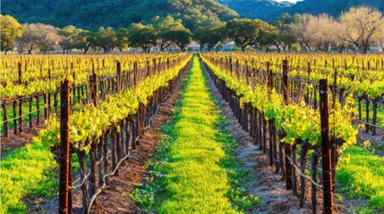 vineyard. Serene vineyard landscape with orderly grapevine rows under natural sunlight, evoking tranquility and growth. travel magazines.