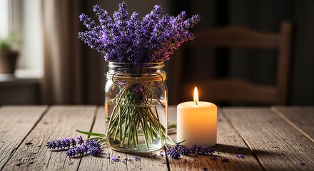 Lavender bouquet in glass jar with candle on rustic wooden table