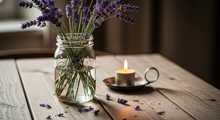 Lavender in Ball Jar with Candlelight on Rustic Wooden Table