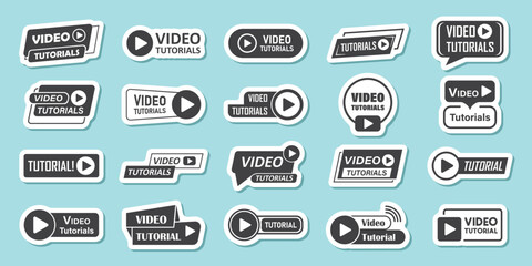Play video tutorials sticker icon set in flat style. Education software vector illustration on isolated background. Webinar training sign business concept.
