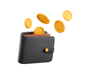 Digital wallet with floating coins on transparent background, PNG