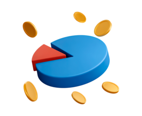 3d blue pie chart with floating coins representing financial growth on transparent background, PNG