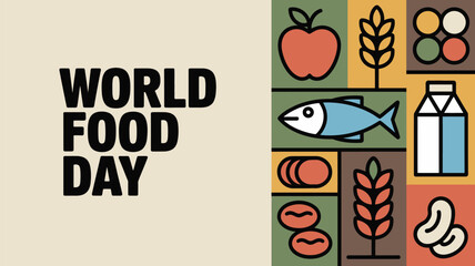 World food day poster with apple fish wheat milk beans and other food icons in square pattern design