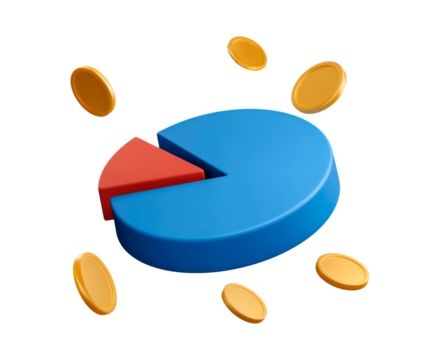 3d blue pie chart with floating coins representing financial growth on transparent background, PNG - Powered by Adobe