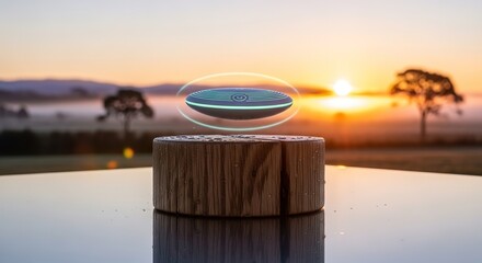 Levitating futuristic device hovers above wooden base against a