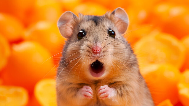 Shocked Hamster on Orange Background. Cute Rodent, Funny Expression, Pet Humor.