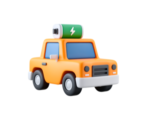 3d electric car icon with battery on roof in bright orange on transparent background, PNG