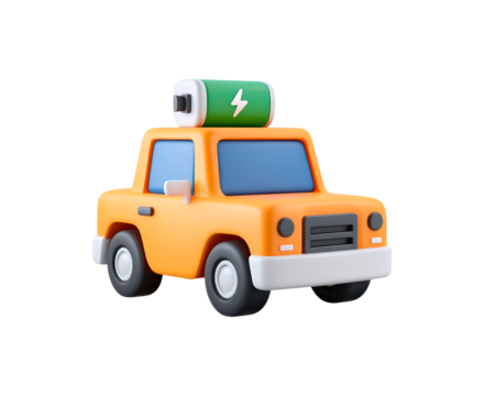 3d electric car icon with battery on roof in bright orange on transparent background, PNG