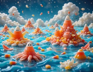 Whimsical candy islands float in a whimsical ocean, with candy corn creatures enjoying the sweet, surreal seascape.