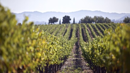vineyard. Serene vineyard landscape with orderly grapevine rows under natural sunlight, evoking tranquility and growth. travel magazines.