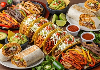 Fototapeta premium Delicious mexican food feast featuring tacos burritos and fajitas with fresh ingredients and vibrant colors