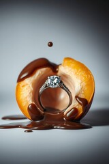Creative jewelry display of a diamond ring inside a peach with chocolate, minimal white background.

