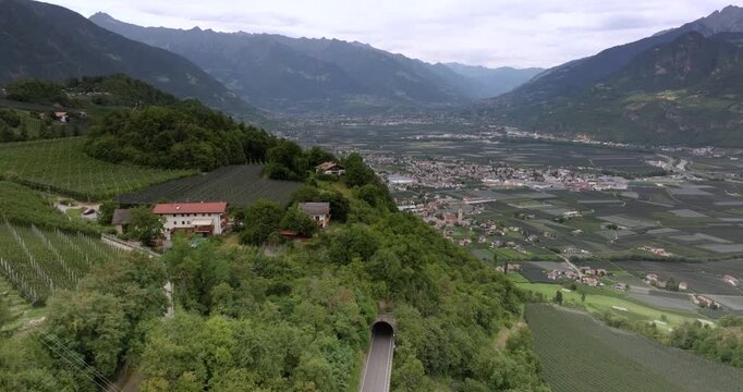 Drone pan over Etschtal valley from Merano to Bolzano